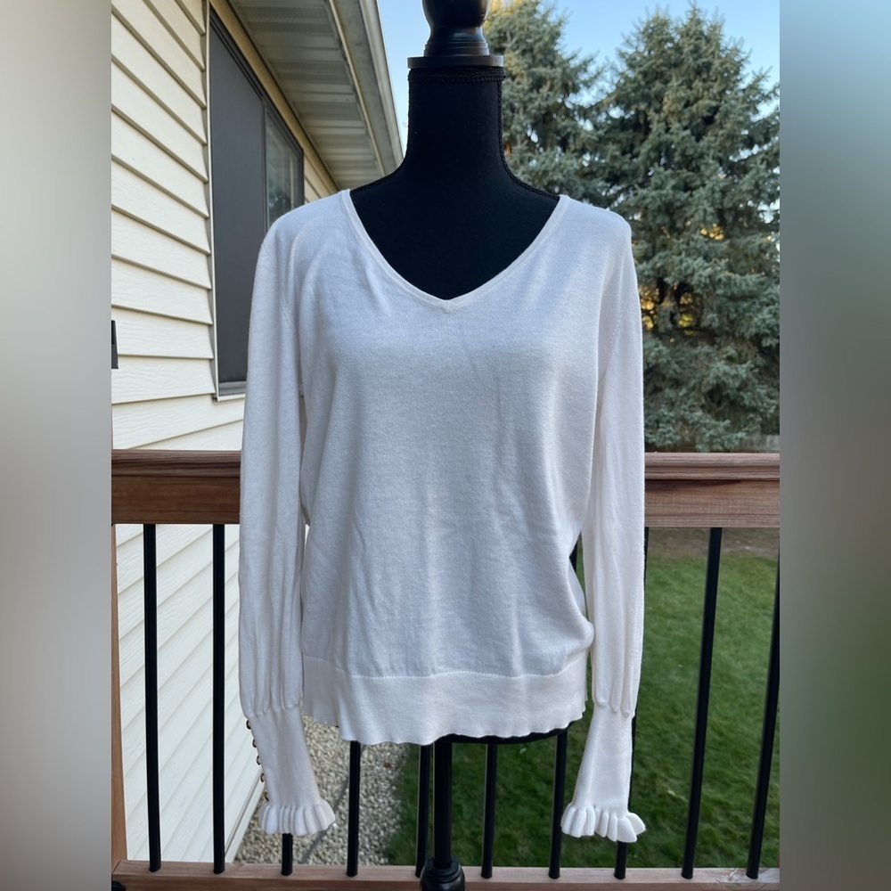 Lauren Ralph Lauren Button Cuff Sweater Women’s Large Ivory V-Neck Knit Cotton - Picture 2 of 10